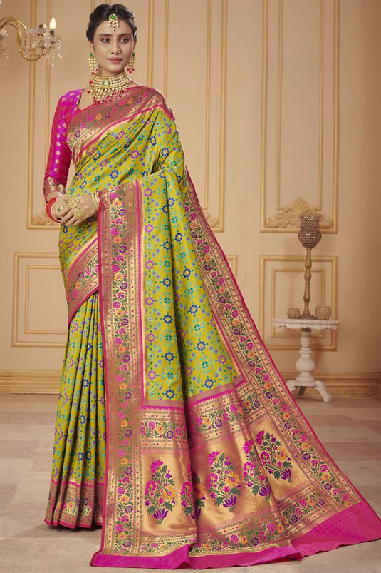 Function Wear Pure Paithani Silk Fabric Green Color Patola Style Saree With Weaving Work