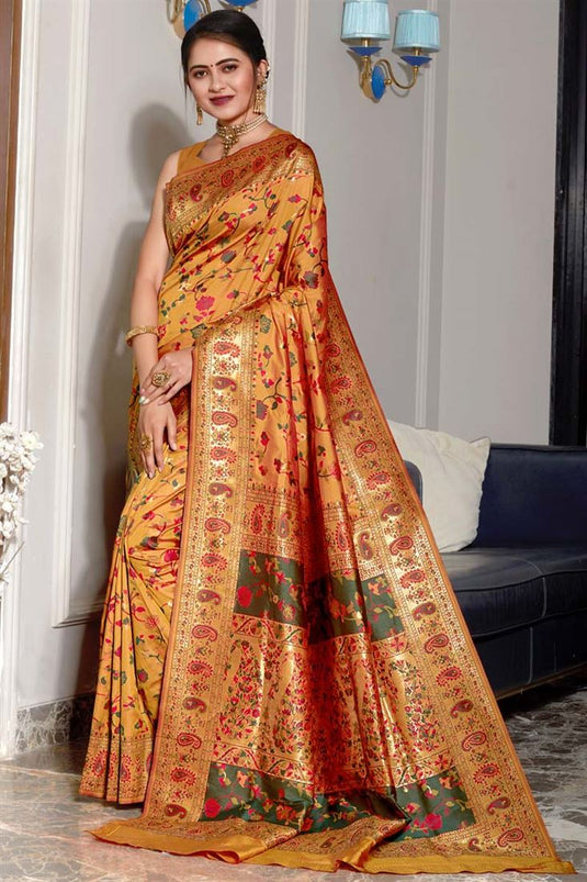 Mustard Color Weaving Work Pallu On Art Silk Fabric Festival Wear Beatific Banarasi Style Saree