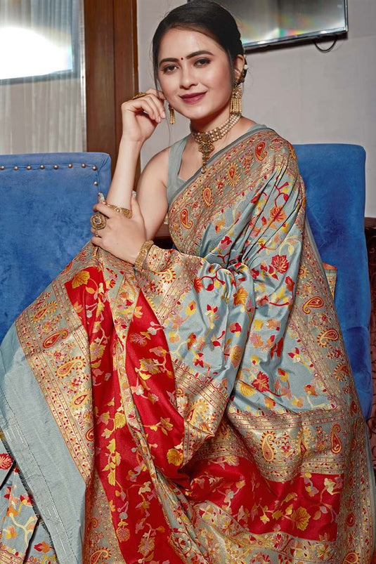Tempting Art Silk Fabric Grey Color Festival Wear Banarasi Style Saree With Weaving Work Pallu