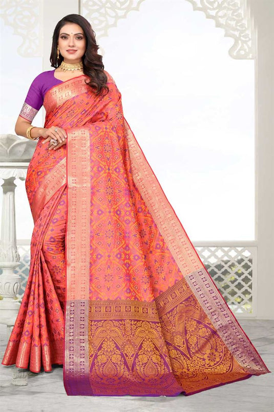 Dazzling Peach Color Weaving Work Saree In Patola Silk Fabric