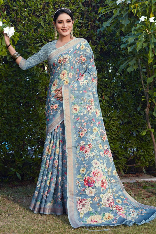 Grey Color Cotton Silk Fabric Beatific Festive Style Saree