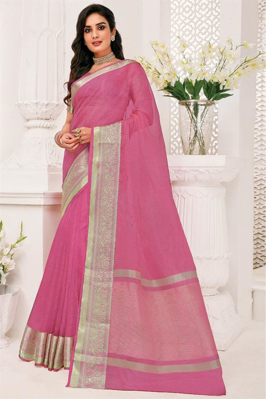 Organza Fabric Peach Color Casual Wear Saree With Creative Weaving Border Work