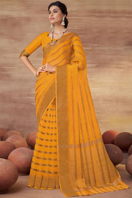 Excellent Mustard Color Organza Saree With Weaving Work