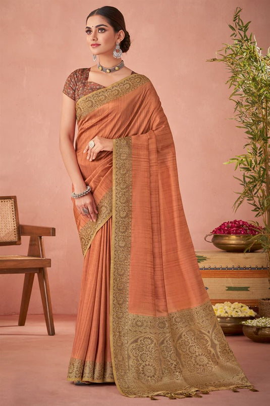 Art Silk Fabric Sober Kalamkari Printed Saree In Rust Color