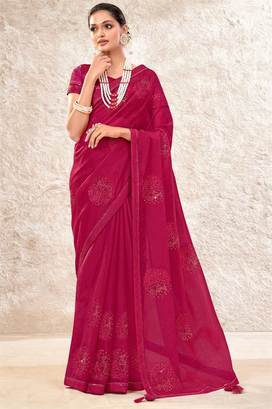 Burgundy Color Party Style Beatific Organza Fabric Saree