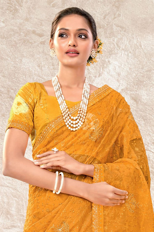 Organza Fabric Party Style Wondrous Saree In Mustard Color