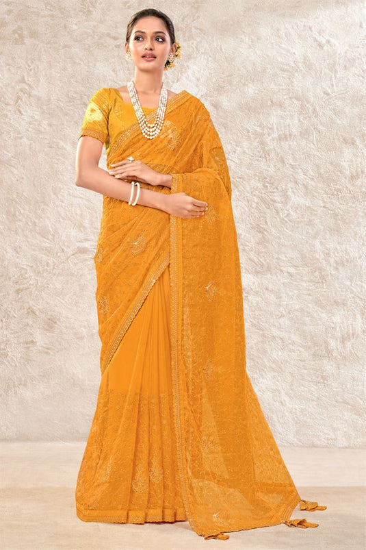 Organza Fabric Party Style Wondrous Saree In Mustard Color