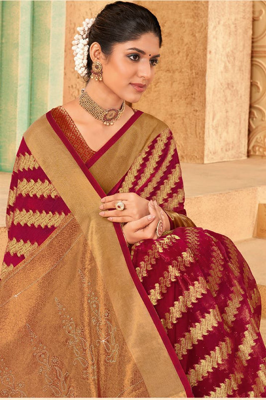 Beguiling Weaving Work On Maroon Color Organza Saree