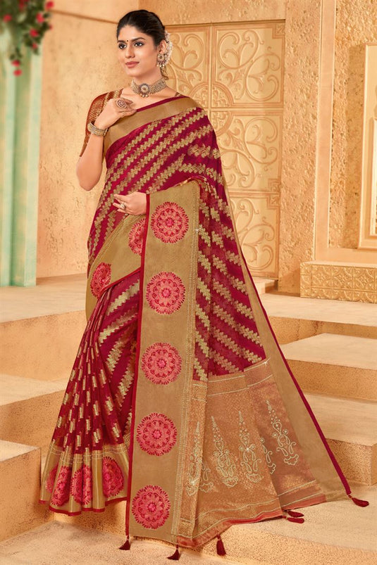 Beguiling Weaving Work On Maroon Color Organza Saree