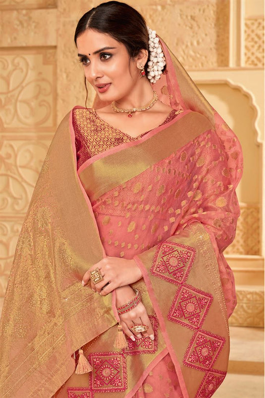 Classic Weaving Work On Pink Color Organza Saree