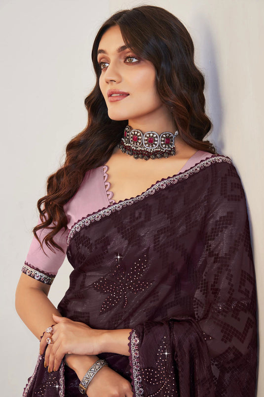 Purple Color Embellished Brasso Fabric Embroidered And Stone Work Saree