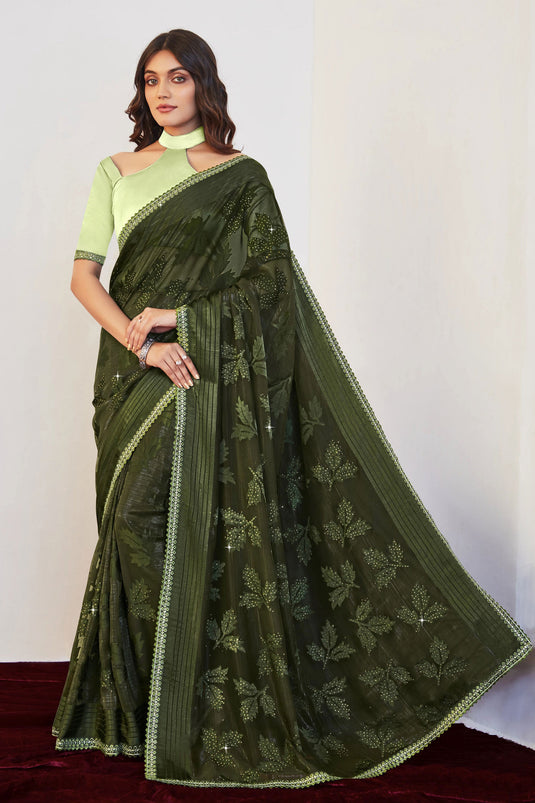 Amazing Olive Color Brasso Fabric Embroidered And Stone Work Saree