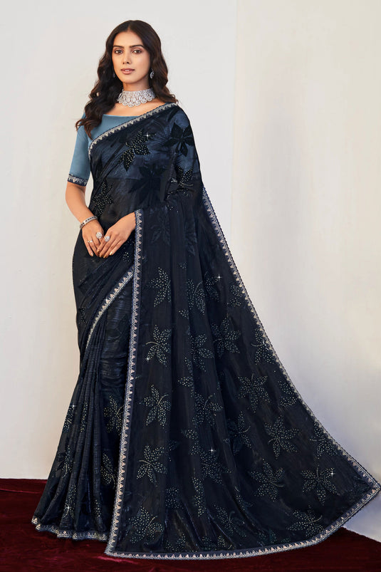 Navy Blue Color Wonderful Embroidered And Stone Work Saree In Brasso Fabric