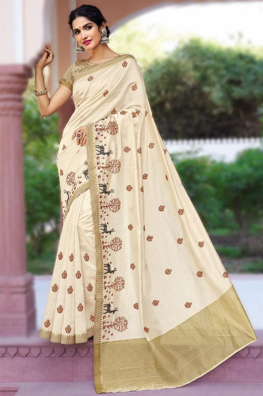 Vartika Singh Art Silk Fabric Beige Color Winsome Embroidered Saree