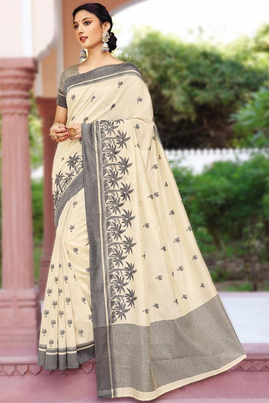 Beige Color Art Silk Fabric Fashionable Embroidered Saree