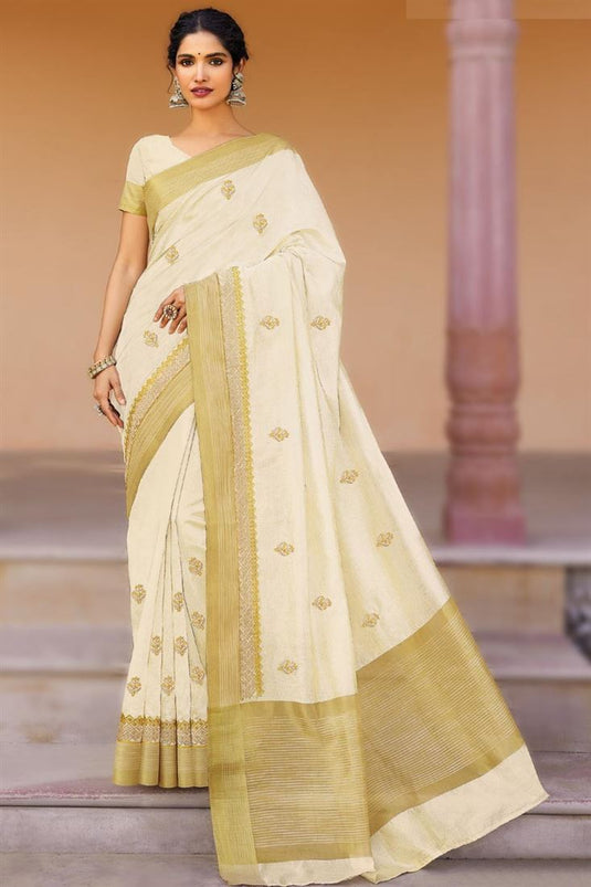 Vartika Singh Brilliant Art Silk Fabric Beige Color Embroidered Saree