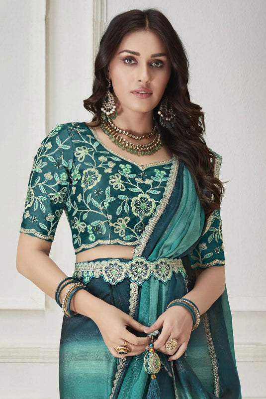 Embroidered Work On Multi Color Satin And Chiffon Fabric Princely Saree