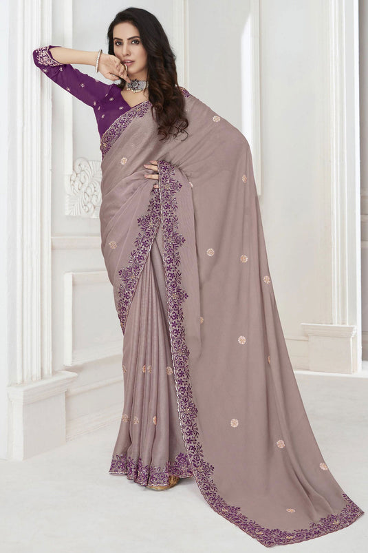 Creative Embroidered Work On Chikoo Color Chiffon Fabric Saree