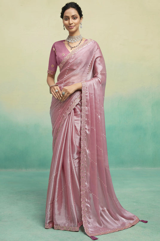 Pink Color Lace Border Work Chiffon Fabric Saree With Embroidered Blouse