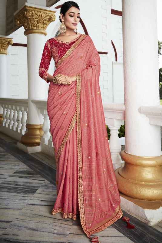 Pink Color Silk Fabric Fancy Saree With Embroidered Designer Blouse