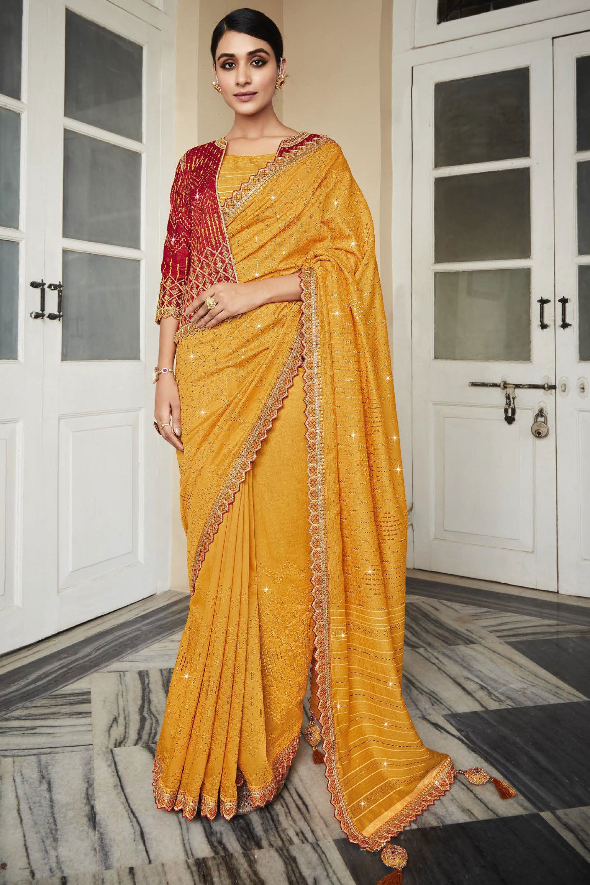 Mustard yellow saree in organza - G3-WSA54969 | G3nxt.com