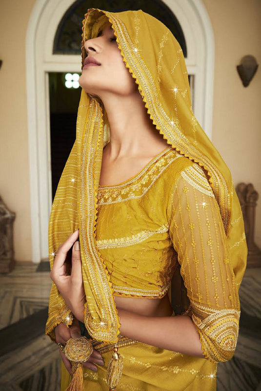 Mustard Color Organza Fabric Party Wear Saree With Embroidered Designer Blouse
