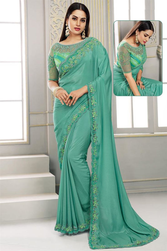 Cyan Color Beatific Sequins Work Polyester Saree