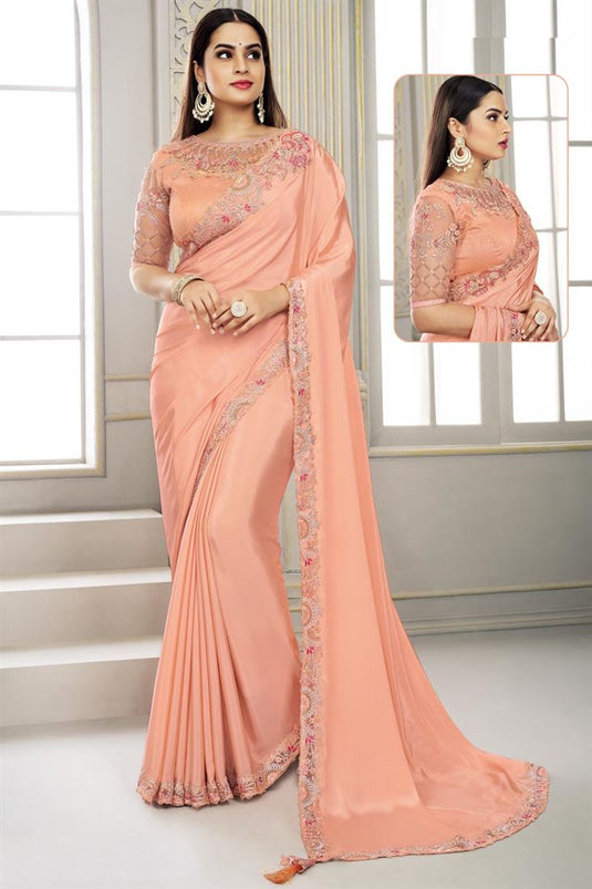 Tempting Peach Color Sequins Work Polyester Saree