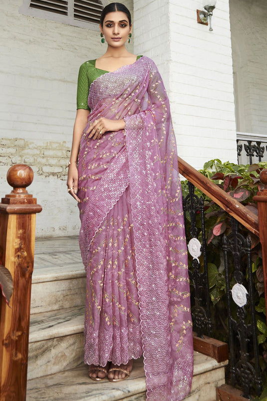 Buy Light Purple Satin Silk Sequence Embroidered Saree With Stitched Blouse  - Mohmanthan La Belle Online at Best Price | Distacart