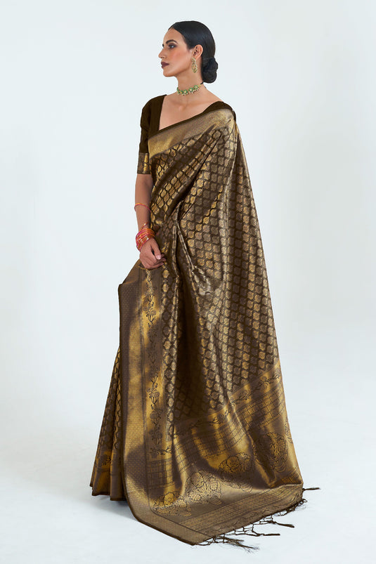 Excellent Brown Color Pure Weaving Silk Saree With Handloom Pallu