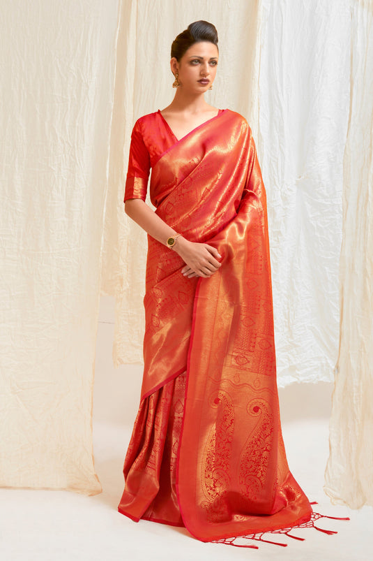 Imposing Red Color Handloom Zari Weaving Silk Saree With Kanjivaram Blouse