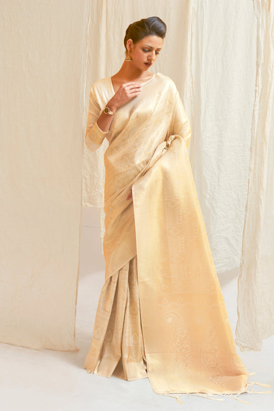 Delicate Beige Color Handloom Zari Weaving Silk Saree With Kanjivaram Blouse