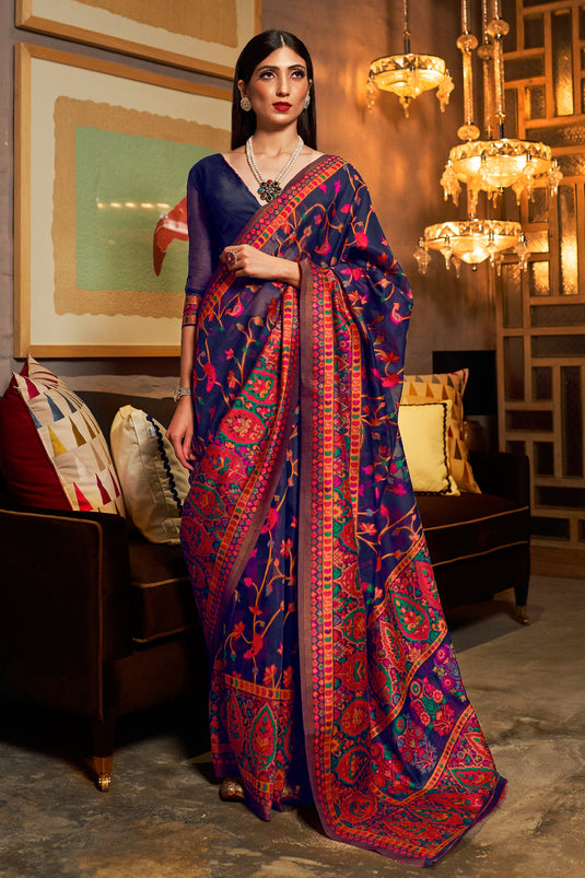 Winsome Kashmiri Modal Handloom Weaving Silk Blue Color Saree