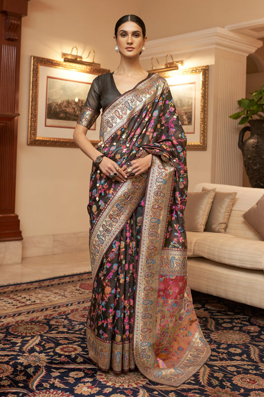 Black Color Pleasant Kashmiri Modal Handloom Weaving Silk Saree