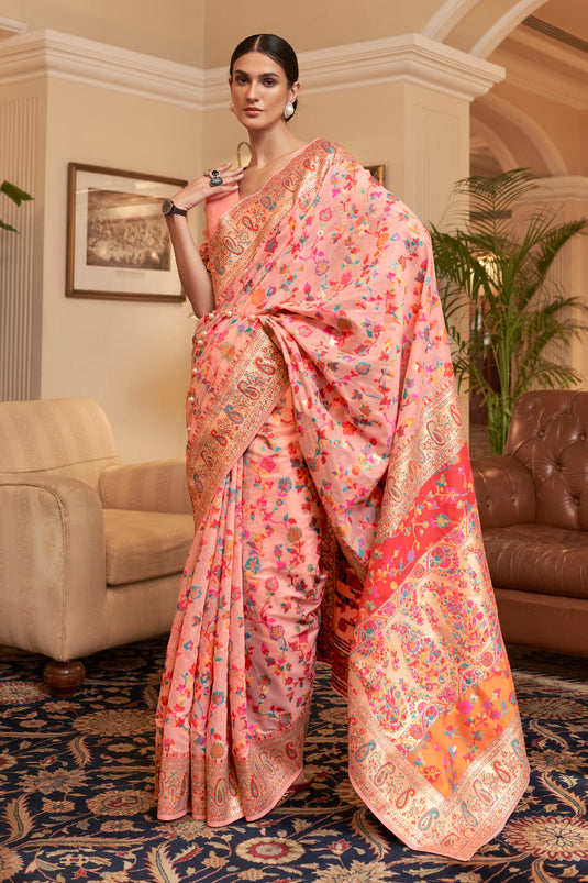 Soothing Peach Color Kashmiri Modal Handloom Weaving Silk Saree