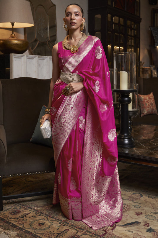 Imposing Rani Color Zari Weaving Work Georgette Saree