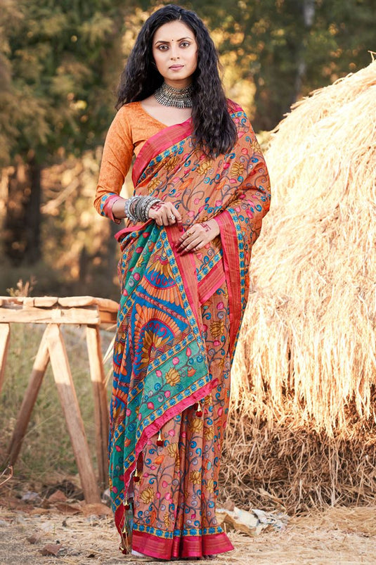 Cotton Fabric Chic Printed Casual Orange Color Saree