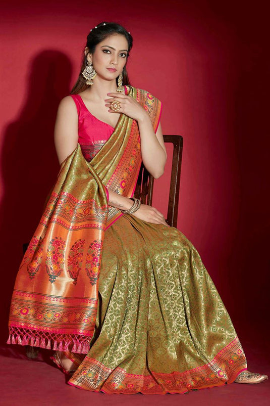 Olive Color Silk Fabric Appealing Saree For Function