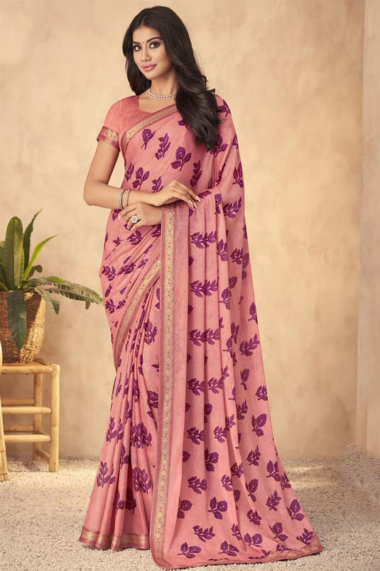 Printed Work On Peach Color Tempting Georgette Saree