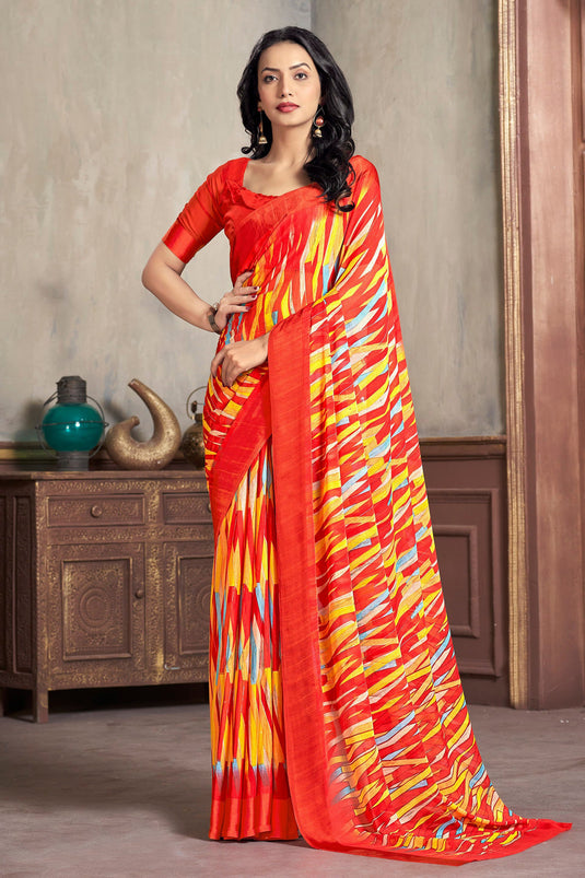 Multi Color Abstract Print Daily Wear Chiffon Fabric Saree