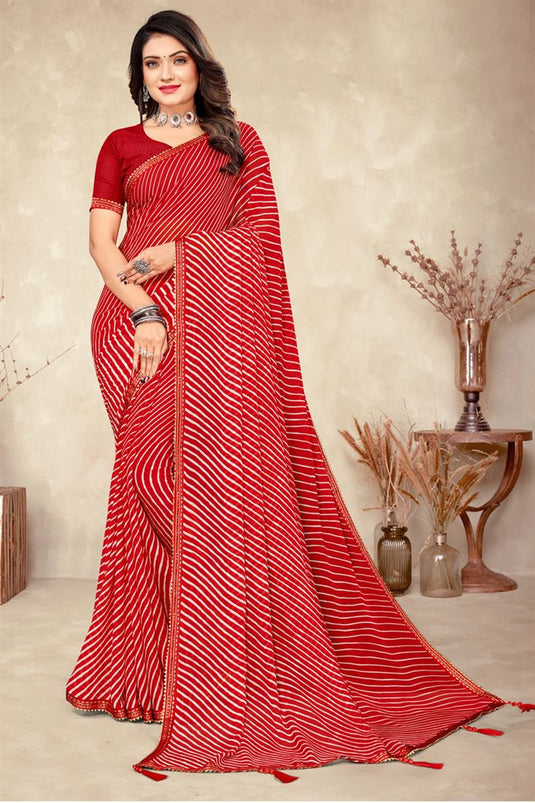 Red Color Chiffon Fabric Glorious Saree With Printed Work