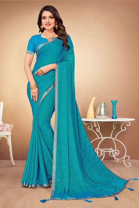 Wonderful Casual Wear Chiffon Light Weight Saree In Cyan Color