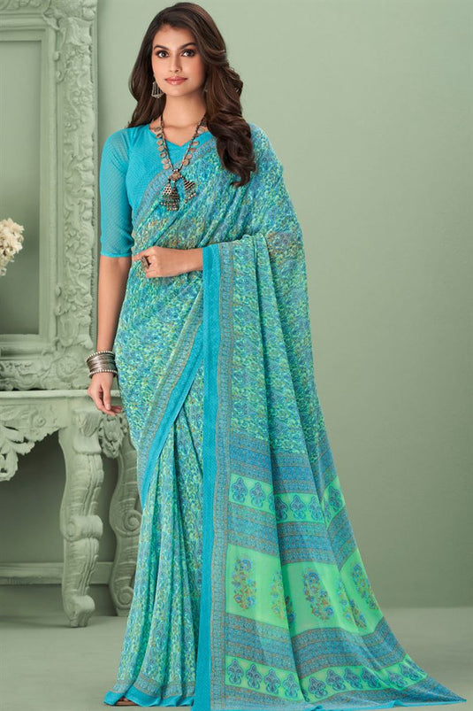 Entrancing Georgette Fabric Casual Look Saree In Sky Blue Color