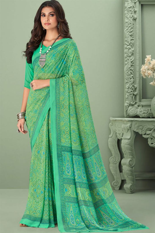 Excellent Georgette Fabric Sea Green Color Casual Look Saree