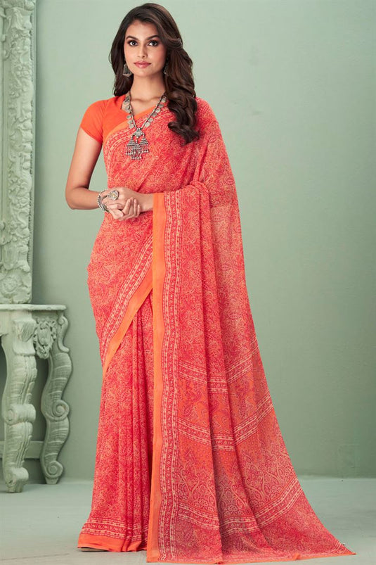 Incredible Georgette Fabric Peach Color Casual Style Saree