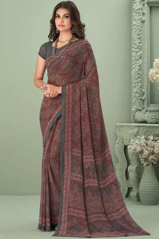 Classic Grey Color Casual Look Saree In Georgette Fabric