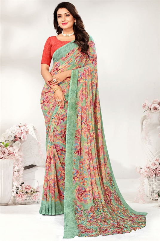 Sea Green Color Georgette Fabric Marvellous Printed Saree