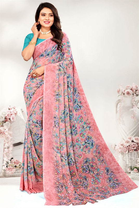 Georgette Fabric Classic Peach Color Printed Saree