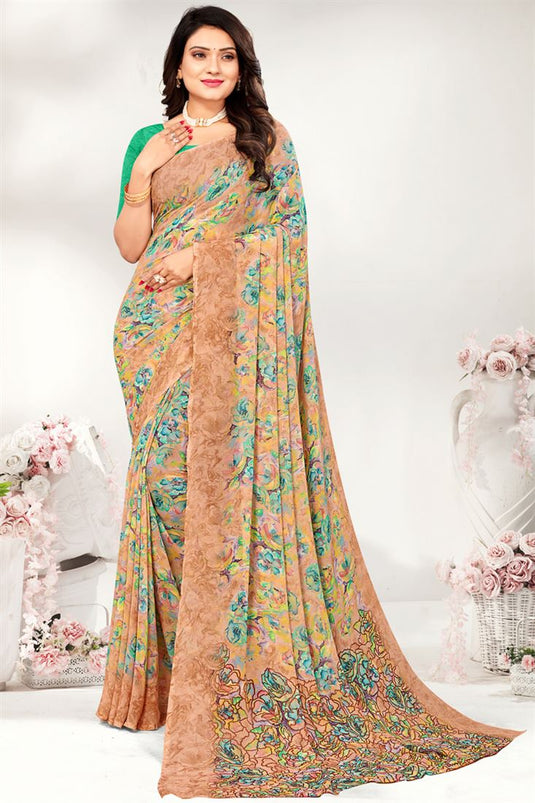 Beige Color Georgette Fabric Fascinating Printed Saree