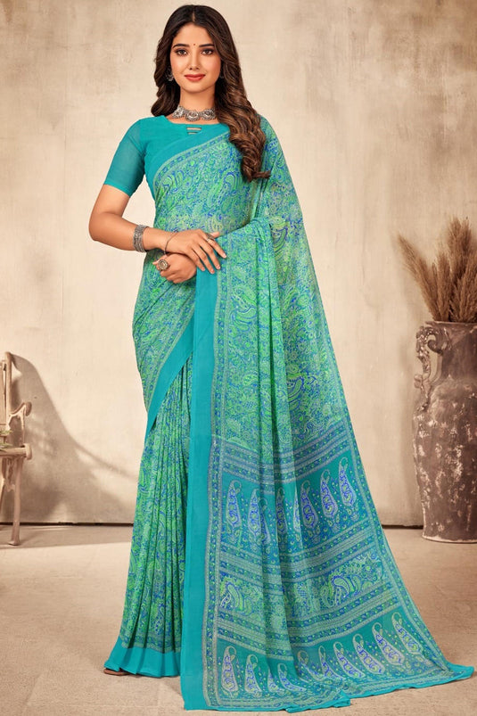 Marvelous Printed Georgette Sea Green Color Saree